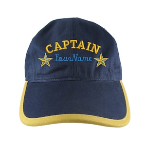 Personalized Nautical Captain Stars Embroidery on a Polo Style 5 Panel Adjustable Navy and Mango Unstructured Cap for the Boating Enthusiast