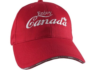 Enjoy Canada Festive White Embroidery on an Adjustable Fashion Structured Red Baseball Cap in Stylish Canadian Details