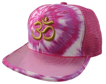 OM Spiritual Symbol Yoga Lifestyle 3D Puff Golden Embroidery Design Adjustable High Profile Structured Pink Tie Dye Trucker Mesh Fashion Cap