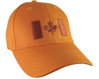 Canadian Flag Copper Embroidery Design on an Orange Adjustable Structured Baseball Cap for Kids Age 6 to 12 Tone on Tone Fashion Look