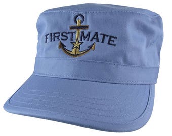 Nautical Star Golden Anchor First Mate Embroidery on an Adjustable Sky Blue Unstructured Military Cadet Cap