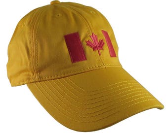 Canadian Flag Red Embroidery Design on a Mustard Yellow Adjustable Unstructured Baseball Cap Dad Hat for a Tone on Tone Fashion Look