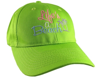 Life's a Beach Multicolored Embroidery on an Adjustable Structured Lime Green Casual Baseball Cap