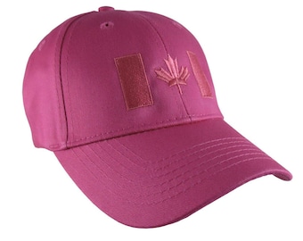 Canadian Flag Hot Pink Embroidery Design on a Hot Pink Adjustable Structured Baseball Cap for Kids Age 6 to 12 Tone on Tone Fashion Look