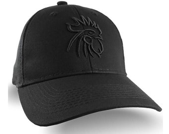 Rooster Head Black 3D Puff Raised Embroidery on an Adjustable Black Structured Truckers Style Snapback Ball Mesh Cap