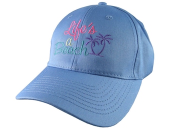 Life's a Beach Multicolored Embroidery on an Adjustable Structured Baby Blue Casual Baseball Cap