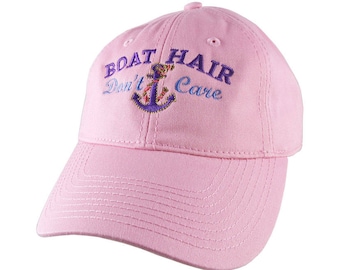 Nautical Anchor Boat Hair Don't Care Embroidery on an Adjustable Pink Unstructured Baseball Cap with Option to Personalize the Back