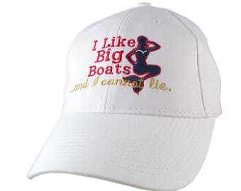 Nautical Mermaid I Like Big Boats Humor Embroidery on an Adjustable White Structured Baseball Cap with Options to Personalize Side and Back