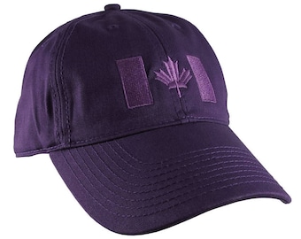 Canadian Flag Purple Embroidery Design on a Purple Adjustable Unstructured Baseball Cap Dad Hat for a Tone on Tone Fashion Look