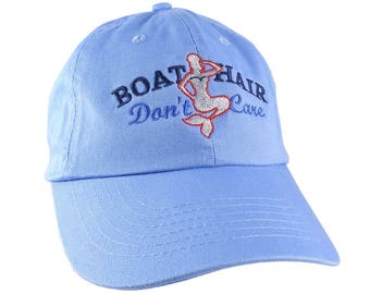 Nautical Mermaid Boat Hair Don't Care Embroidery on an Adjustable Blue Unstructured Baseball Cap Dad Hat with Option to Personalize the Back