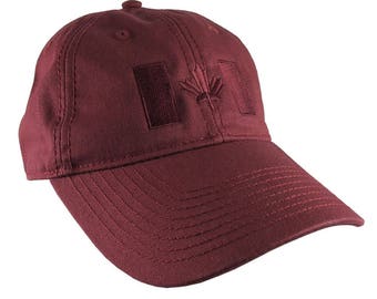 Canadian Flag Burgundy Red Embroidery Design on a Burgundy Red Adjustable Unstructured Baseball Cap Dad Hat for a Tone on Tone Fashion Look