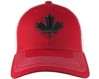 Black Canadian Maple Leaf 3D Puff Raised Embroidery on an Adjustable Red and White Full Fit Classic Trucker Cap Happy Canada Day