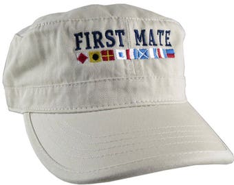 Nautical Flags Spelling First Mate Embroidery on an Adjustable Stone Beige Unstructured Military Cadet Cap