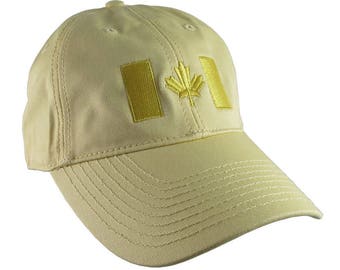 Canadian Flag Yellow Embroidery Design on a Pastel Yellow Adjustable Unstructured Baseball Cap Dad Hat for a Tone on Tone Fashion Look