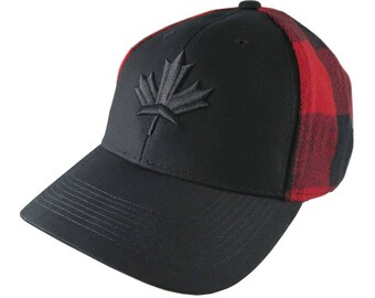 Black Canadian Maple Leaf 3D Puff Embroidery on an All Season Adjustable Black and Buffalo Check Red Plaid Full Fit Classic Baseball Cap