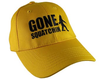 Gone Squatchin Black Sasquatch Bigfoot Humorous Embroidery Design on a Yellow Adjustable Structured Baseball Cap for Kids Age 6 to 12