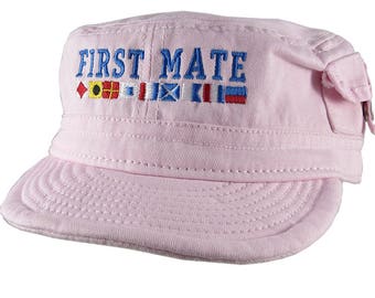 Nautical Flags Spelling First Mate Embroidery on an Adjustable Pink Unstructured Military Cadet Pocket Cap with Option to Personalize Back