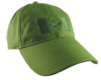 Canadian Flag Green Embroidery Design on a Moss Green Adjustable Unstructured Baseball Cap Dad Hat for a Tone on Tone Fashion Look