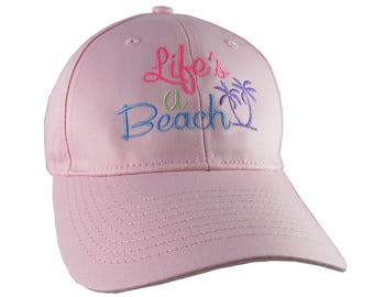 Life's a Beach Multicolored Embroidery on an Adjustable Structured Light Pink Casual Baseball Cap