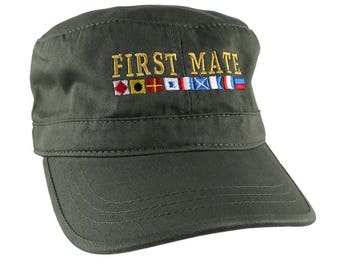 Nautical Flags Spelling First Mate Embroidery on an Adjustable Olive Green Unstructured Military Cadet Cap