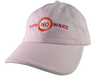 Slow No Wake Marina Nautical Warning Signage Embroidery on an Adjustable Pink and White Unstructured Baseball Cap Dad Hat Style