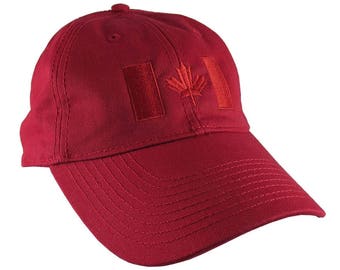 Canadian Flag Red Embroidery Design on a Cranberry Red Adjustable Unstructured Baseball Cap Dad Hat for a Tone on Tone Fashion Look