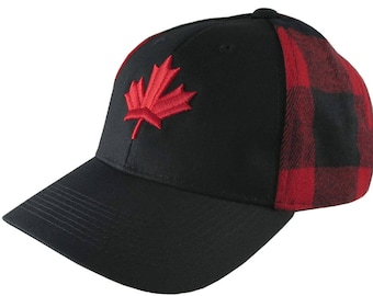 Red Canadian Maple Leaf 3D Puff Embroidery on an All Season Adjustable Black and Buffalo Check Red Plaid Full Fit Classic Baseball Cap