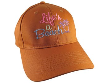 Life's a Beach Multicolored Embroidery on an Adjustable Structured Burnt Orange Casual Baseball Cap