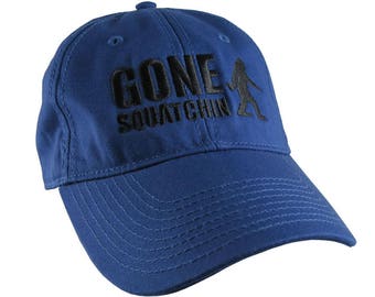 Gone Squatchin Humorous Sasquatch Bigfoot Silhouette Black Embroidery on an Adjustable Royal Blue Unstructured Baseball Cap