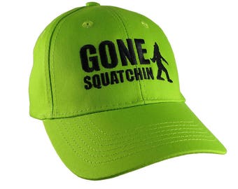 Gone Squatchin Black Sasquatch Bigfoot Humorous Embroidery Design on a Lime Green Adjustable Structured Baseball Cap for Kids Age 6 to 12