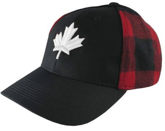 White Canadian Maple Leaf 3D Puff Embroidery on an All Season Adjustable Black and Buffalo Check Red Plaid Full Fit Classic Baseball Cap