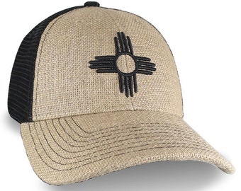 Zia New Mexico State Flag Black 3D Puff Raised Embroidery Design on an Adjustable Structured Fashion Classic Jute Burlap Trucker Cap