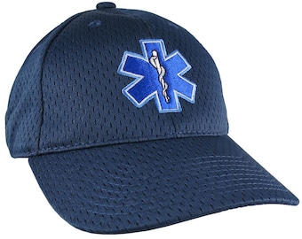 Paramedic EMT EMS Star of Life Embroidery on Adjustable Navy Blue Structured Premium Baseball Cap with Options to Personalize Two Locations