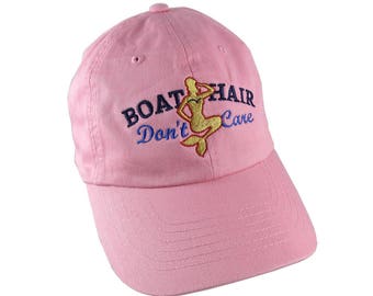 Nautical Mermaid Boat Hair Don't Care Embroidery on an Adjustable Pink Unstructured Baseball Cap Dad Hat with Option to Personalize the Back