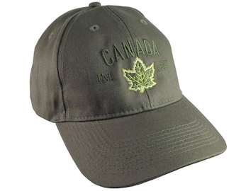 Canada Established 1867 Retro Style Maple Leaf Green Embroidery on an Adjustable Khaki Green Structured Baseball Cap