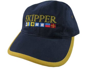 Nautical Signal Flags Skipper Embroidery on a Polo Style 5 Panel Adjustable Navy Blue and Yellow Unstructured Cap for the Boating Enthusiast