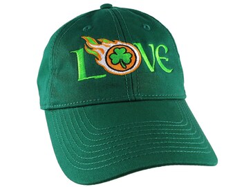 Irish Green Ireland Flag Colors Love Embroidery on an Adjustable Kelly Green Unstructured Baseball Cap with Option to Personalize the Back