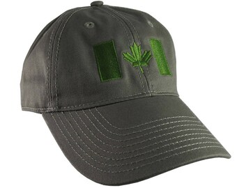 Canadian Flag Green Embroidery Design on a Khaki Green Adjustable Unstructured Baseball Cap Dad Hat for a Tone on Tone Fashion Look
