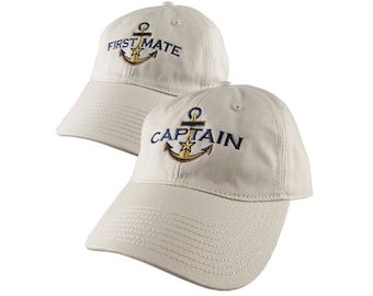 Nautical Star Golden Anchor Captain and First Mate Embroidery 2 Adjustable Beige Unstructured Baseball Caps Options Personalize Both Hats