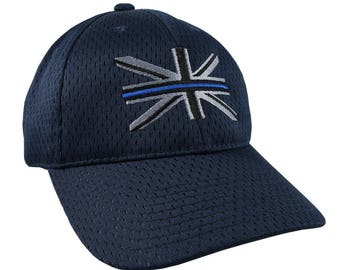 The Thin Blue Line Symbolic on the Union Jack UK Flag Embroidery on an Adjustable Fashion Stylish Structured Navy Blue Full Fit Baseball Cap