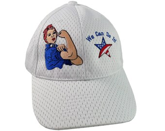 Rosie The Riveter We Can Do It American Flag Star Embroidery on an Adjustable Fashion Stylish Structured White Full Fit Baseball Cap