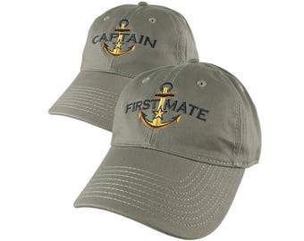 Nautical Star Golden Anchor Captain +First Mate Embroidery 2 Adjustable Olive Green Unstructured Baseball Caps Options Personalize Both Hats