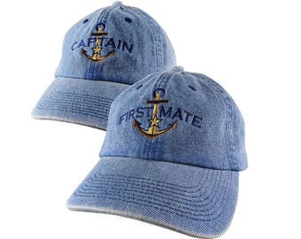 Golden Star Anchor Captain + First Mate Embroidery on 2 Adjustable Premium Denim Unstructured Baseball Caps Options to Personalize 2 Hats