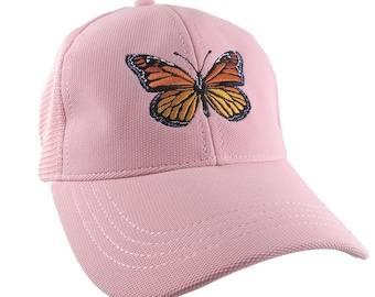 Custom Colorful Monarch Butterfly Embroidery on an Adjustable Structured Powder Pink Trucker Style Mesh Baseball Cap