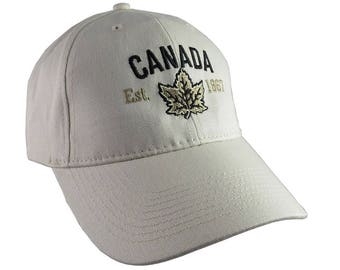 Canada Established 1867 Retro Style Maple Leaf Black and Golden Embroidery on an Adjustable Stone Beige Structured Baseball Cap