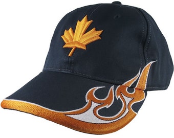 Canadian Maple Leaf 3D Puff Orange Embroidery Adjustable Navy Blue Structured Racing Flames Baseball Cap + Options to Personalize