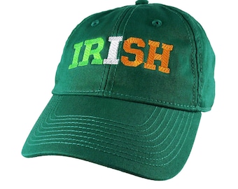 Irish Green Ireland Flag Colors Embroidery on an Adjustable Kelly Green Unstructured Baseball Cap with Option to Personalize the Back