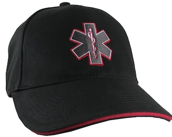 Paramedic EMT EMS Star of Life Embroidery on Adjustable Black Red Line Structured Baseball Cap with Options to Personalize on Two Locations