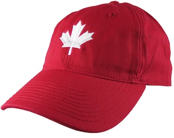 Canadian White Maple Leaf Canada Embroidery on an Adjustable Red Unstructured Classic Baseball Cap with Option to Personalize the Back