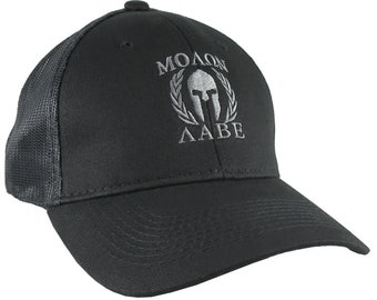 Molon Labe Roman Spartan Warrior Mask in Laurels Silver Embroidery on an Adjustable Black Structured Truckers Style Snapback Ball Cap